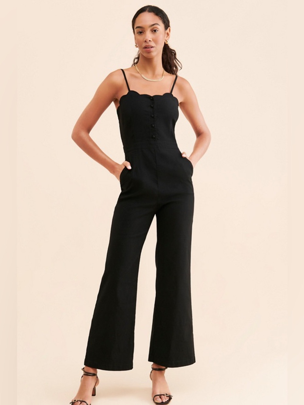 Anthropologie || Maeve Femme Scalloped Sweetheart Jumpsuit Button Detail Black 2